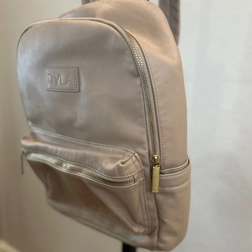 RYLA Diaper Bag Backpack Beige Vegan Leather Gold Hardware Neutral Minimalist